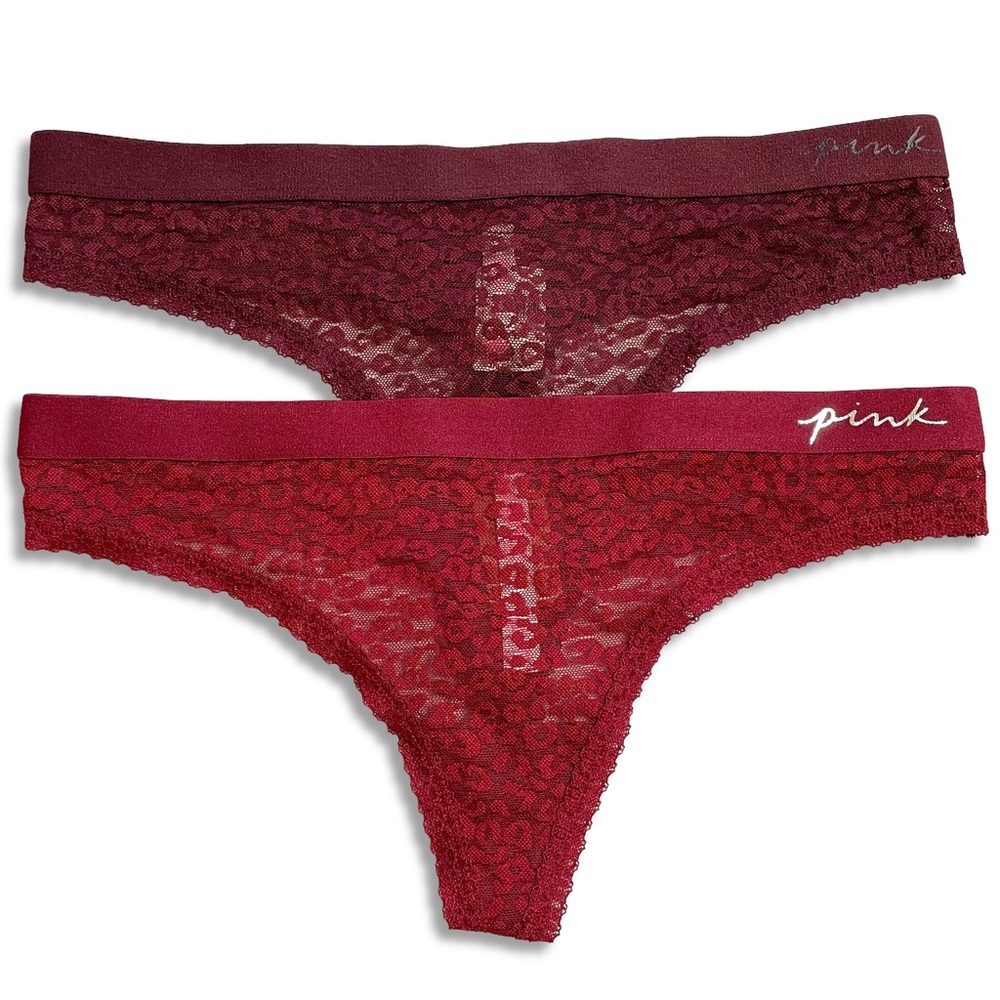 Victoria's Secret PINK Red Wine Logo Elastic Lace Thong Panty Lot 2 Pack Size M
